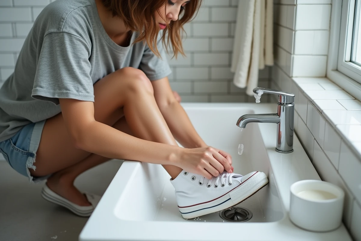 Jeune femme nettoyant à la main des Converse blanches avec une brosse à dents sur le bord d'un lavabo en céramique blanche