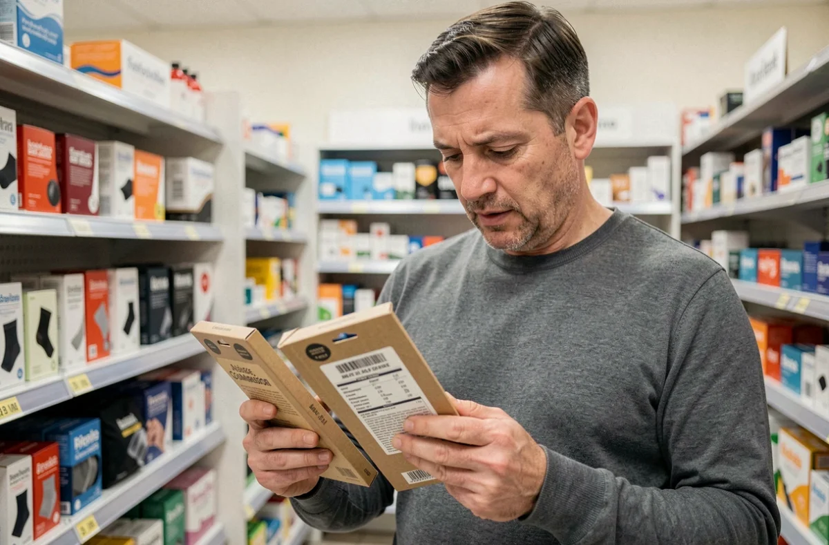 Homme lisant l'étiquette de composition d'un article vestimentaire en pharmacie pour éviter le spandex en cas d'allergie
