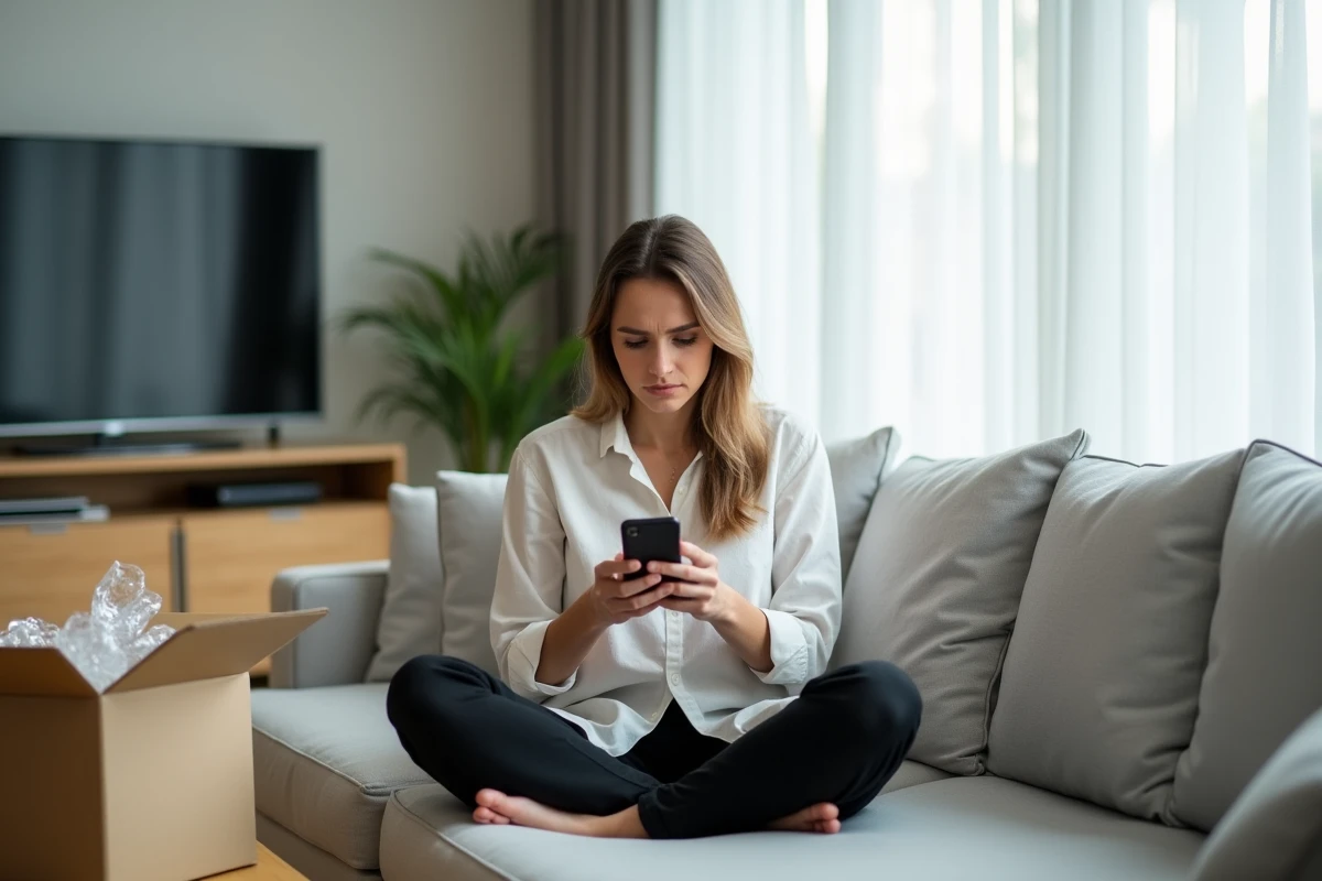 Femme contactant le support Vinted sur son smartphone pour résoudre un litige de retour colis