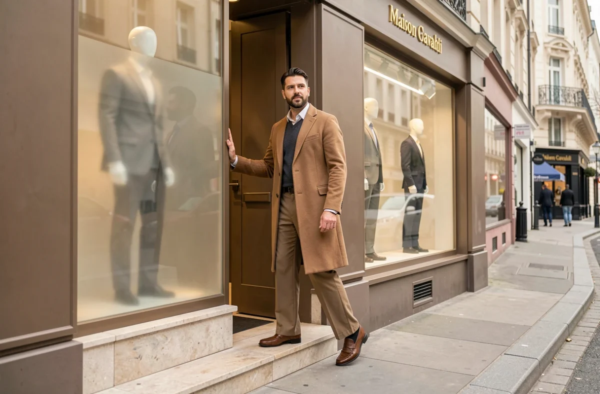 Homme en manteau structuré sortant de la boutique Maison Gavaldi, avec une façade élégante aux lettres dorées en arrière-plan