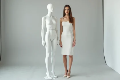 Jeune mannequin féminin avec mannequin en studio de mode