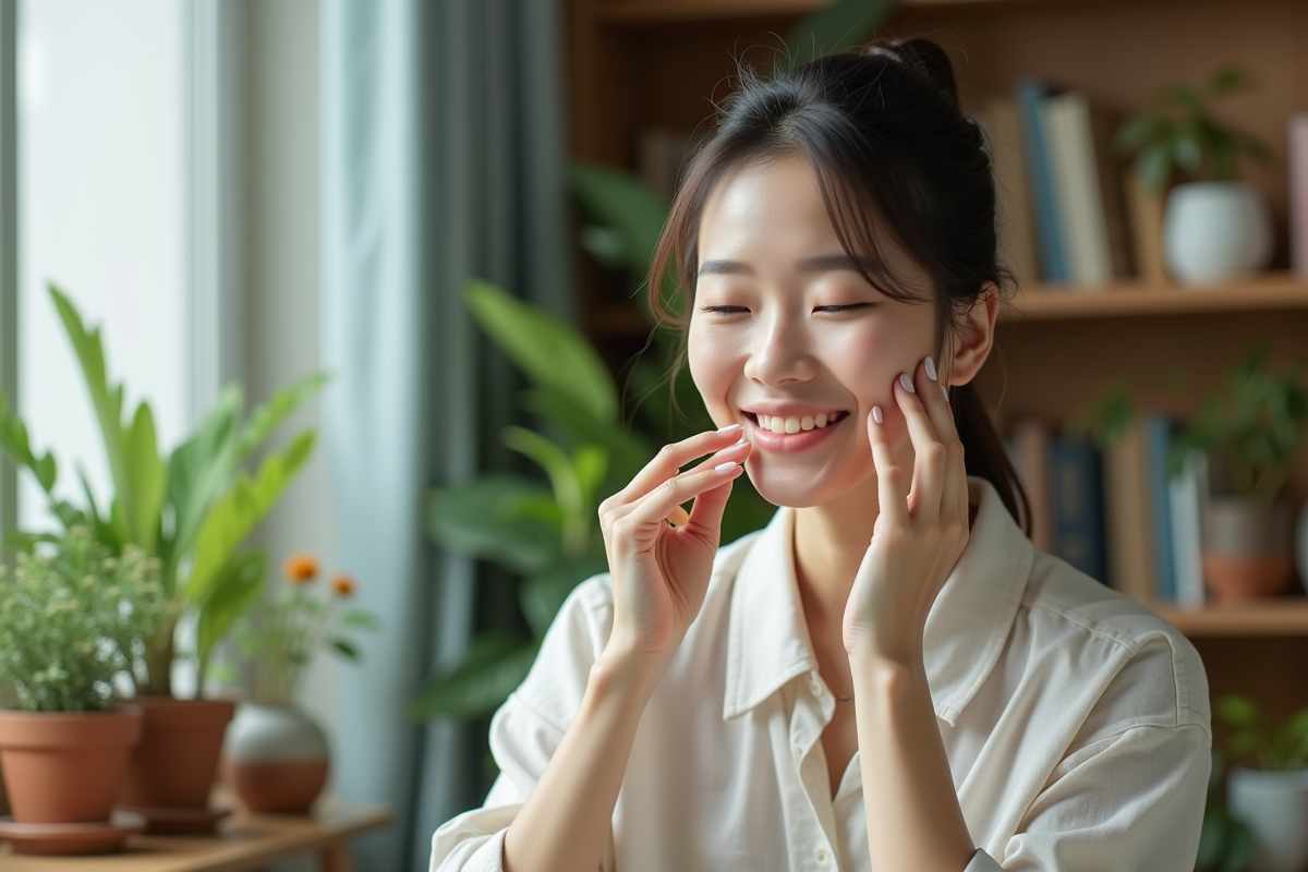 Femme coreenne de 40 ans appliquant serum visage dans salon cozy