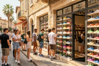 Vue d'ensemble d'un quartier commerçant en Provence-Alpes-Côte d'Azur avec des boutiques de baskets et des passants animés