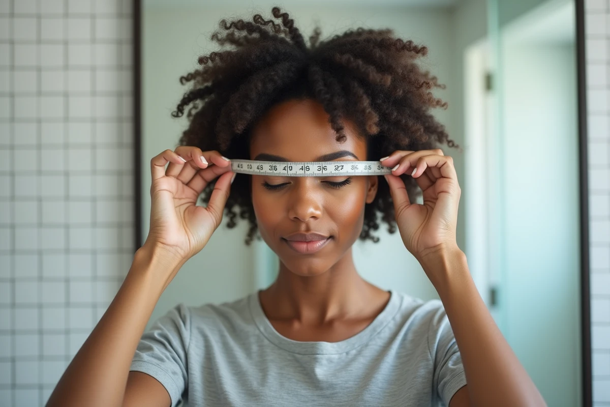 Femme mesurant son tour de tête avec un ruban à mesurer souple dans une salle de bain moderne