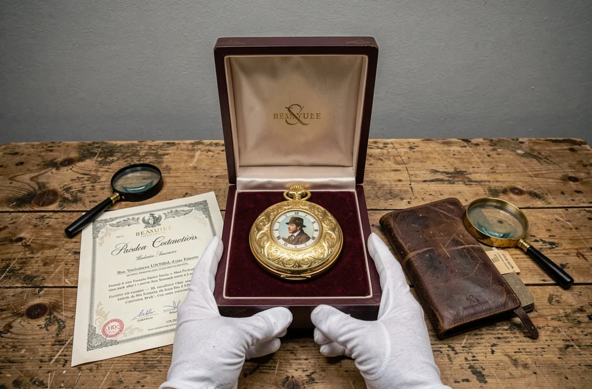 Montre de gousset ancienne en or jaune gravée ouverte dans son écrin de velours bordeaux lors d'une expertise en salle des ventes, mains gantées de blanc tenant le boîtier