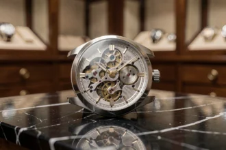 Montre de luxe mécanique squelette en platine posée sur marbre noir dans un atelier horloger suisse, détail macro du mouvement serti de ponts dorés gravés à la main