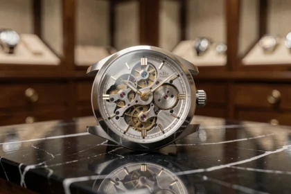 Montre de luxe mécanique squelette en platine posée sur marbre noir dans un atelier horloger suisse, détail macro du mouvement serti de ponts dorés gravés à la main