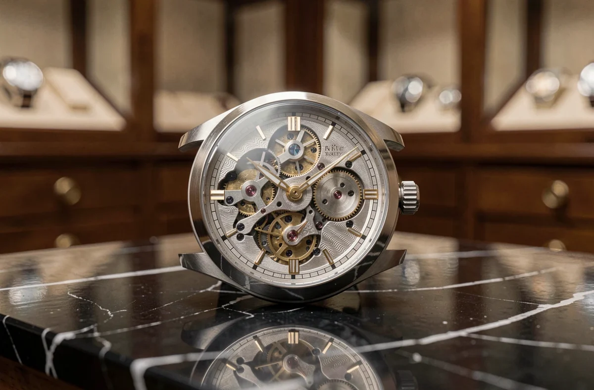 Montre de luxe mécanique squelette en platine posée sur marbre noir dans un atelier horloger suisse, détail macro du mouvement serti de ponts dorés gravés à la main