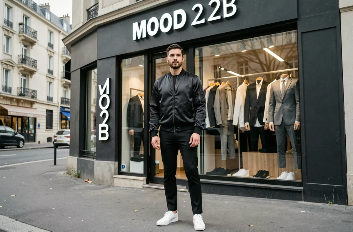 Homme élégant devant la boutique Mood 2N2B à Villetaneuse, vêtu d'un bomber satiné et d'un pantalon ajusté