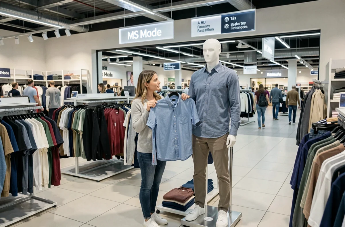 Cliente évaluant une chemise dans le rayon mode homme de MS Mode au centre commercial Rosny 2, entourée de portants de vêtements colorés