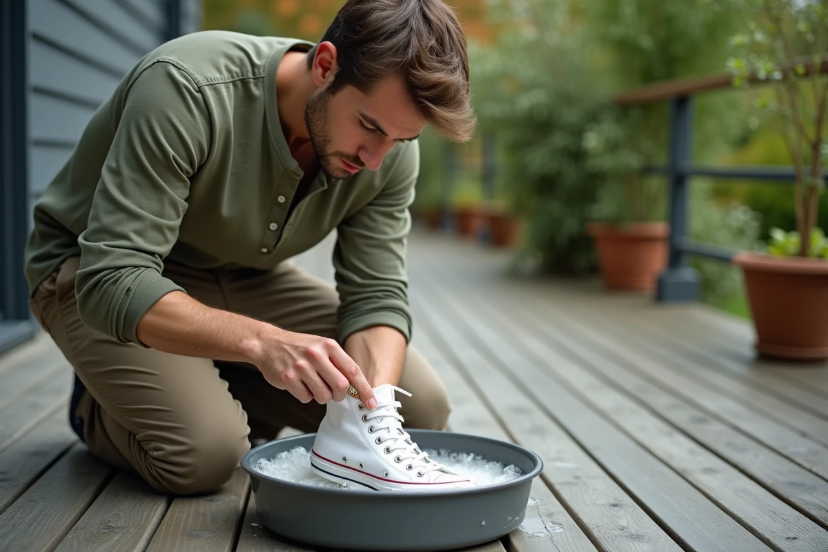 Homme lavant une Converse blanche à la main dans une bassine d'eau savonneuse sur une terrasse en bois