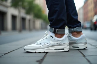Homme tendance en Nike Air Max blanches et chino marine dans une rue urbaine
