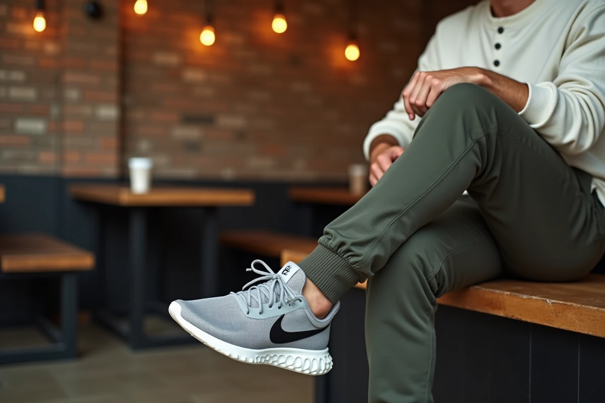 Homme décontracté en Nike React dans un café moderne avec jogger olive