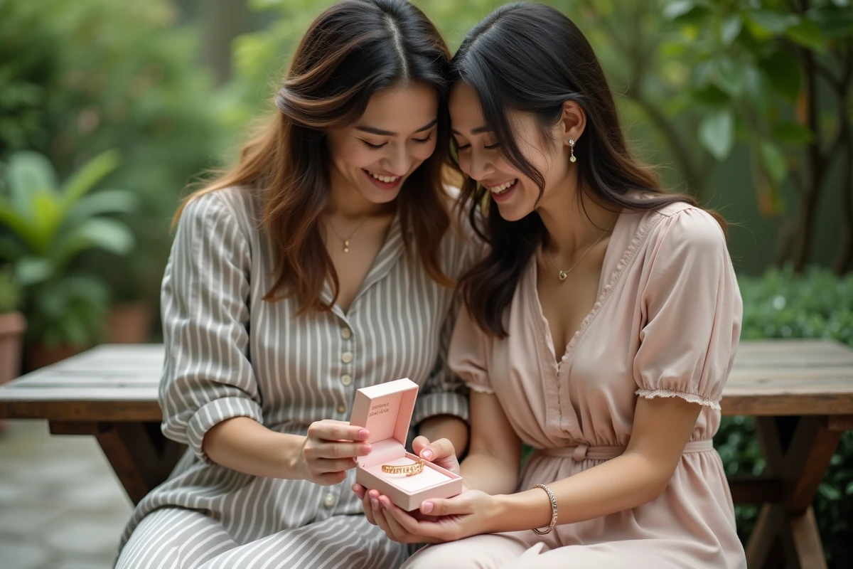 Deux amies partageant l'émotion d'offrir un bracelet message gravé personnalisé dans un jardin verdoyant