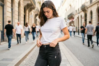 Femme ajustant son pantalon qui glisse sur les hanches dans une rue urbaine, problème de morphologie et de taille de vêtement
