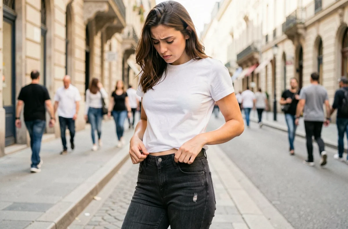 Femme ajustant son pantalon qui glisse sur les hanches dans une rue urbaine, problème de morphologie et de taille de vêtement