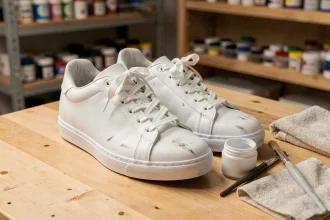 Peinture chaussure blanche appliquée sur des sneakers en cuir avec un pinceau fin et un pot de peinture sur un établi en bois