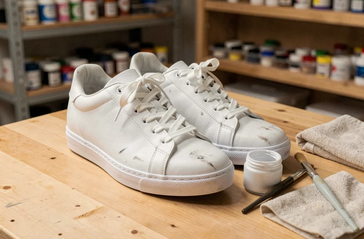 Peinture chaussure blanche appliquée sur des sneakers en cuir avec un pinceau fin et un pot de peinture sur un établi en bois