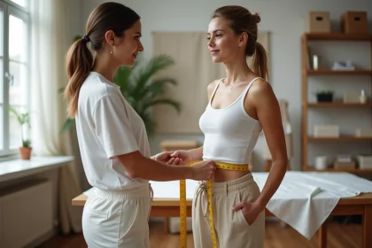 Prise de mensurations femme à la taille avec un mètre ruban dans un atelier de couture