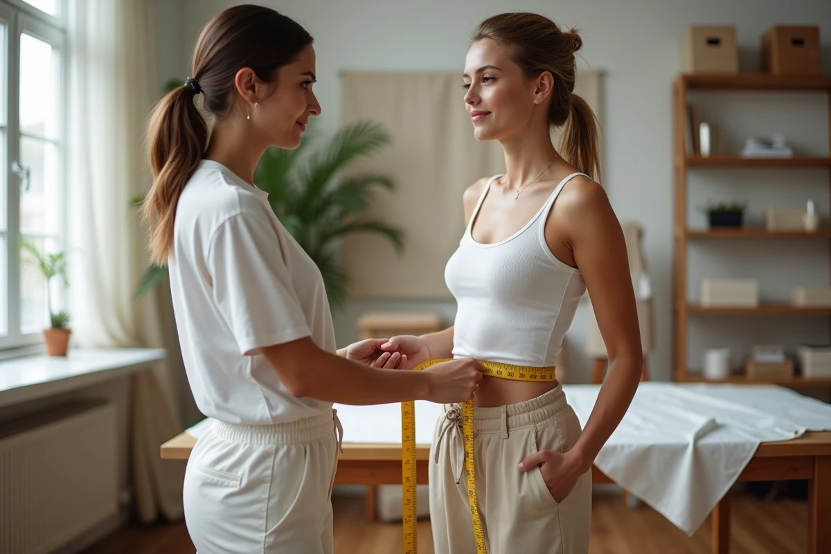 Prise de mensurations femme à la taille avec un mètre ruban dans un atelier de couture