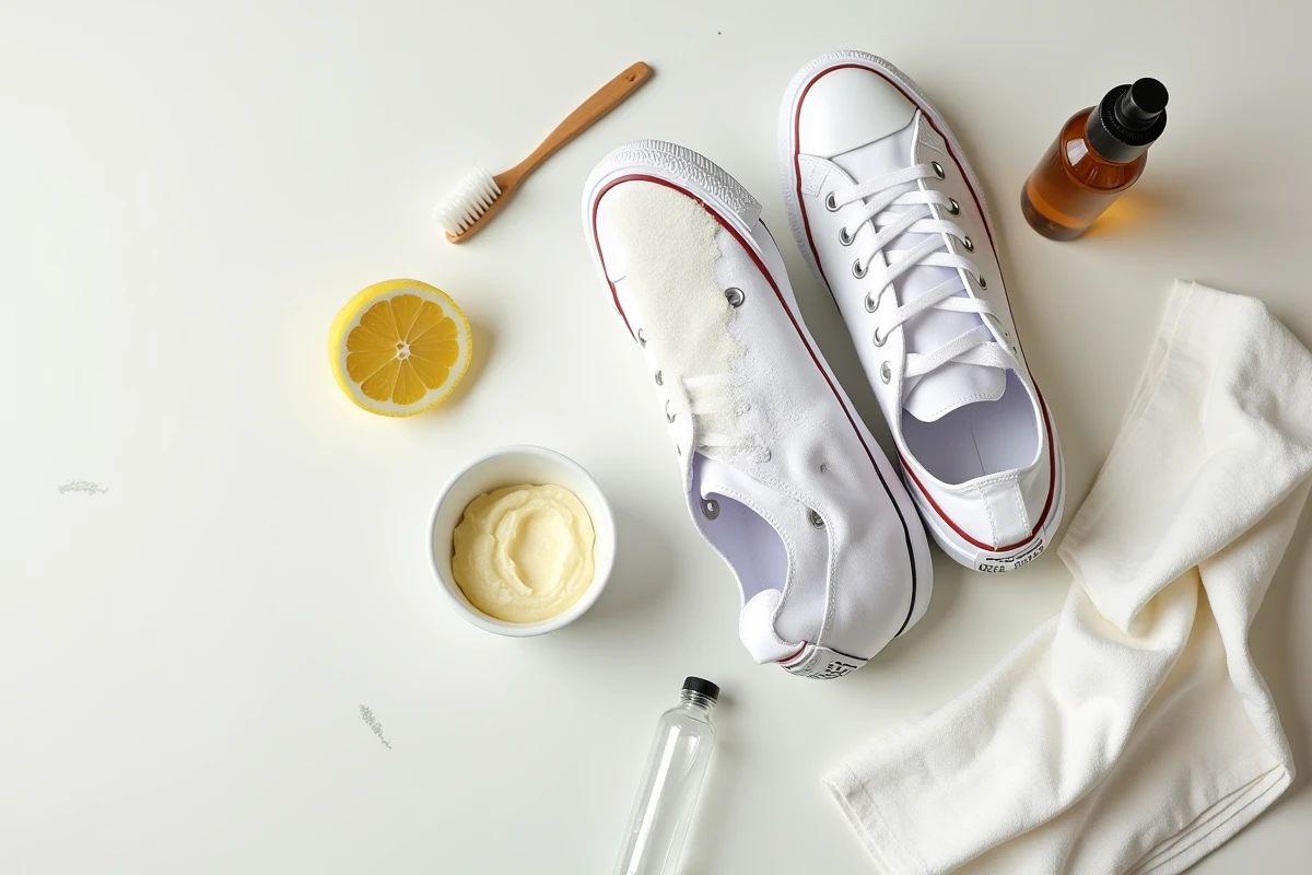 Vue de dessus des produits naturels pour nettoyer des Converse blanches sans machine à laver : bicarbonate, brosse, citron et chiffon microfibre