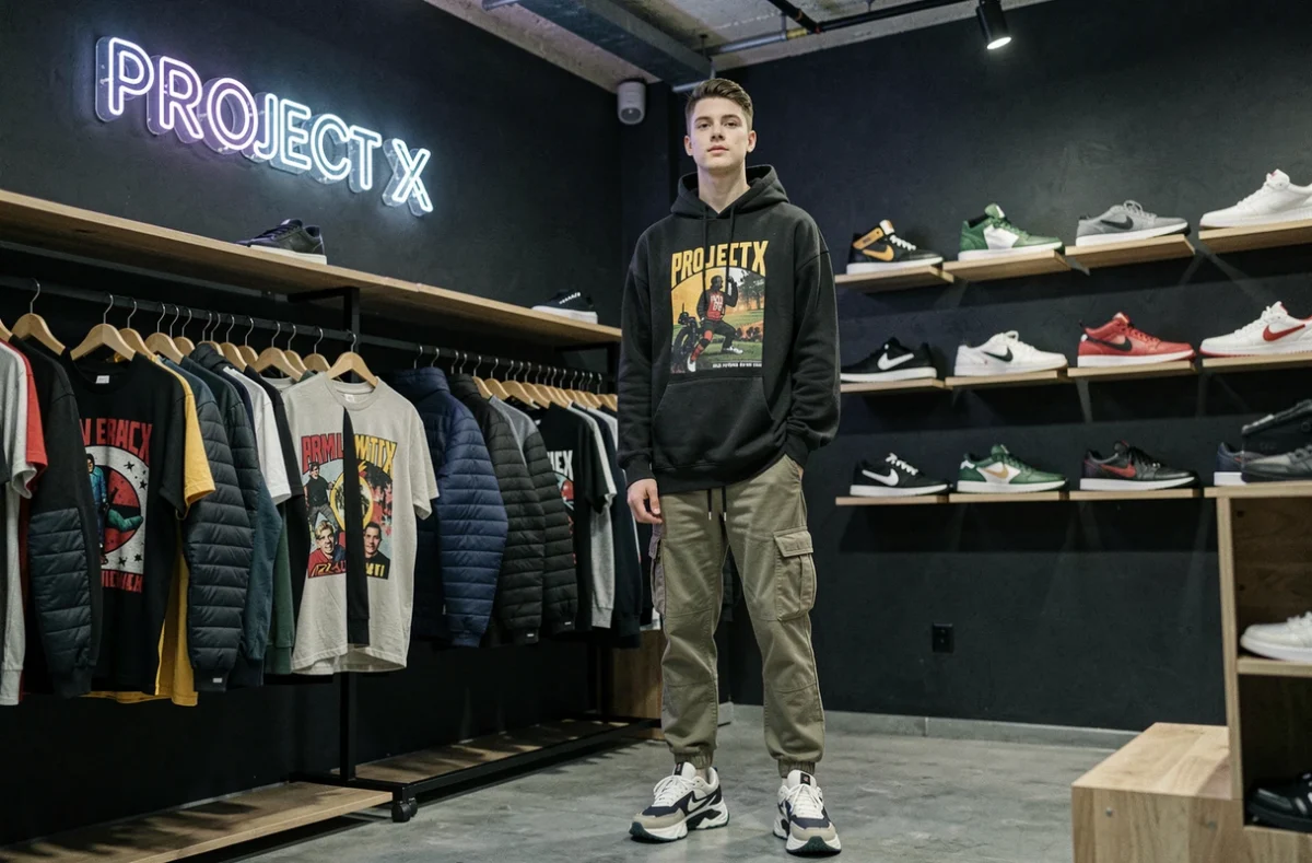 Jeune homme en tenue streetwear dans la boutique Project X à Noisy-le-Grand, entouré de vêtements urbains colorés et de sneakers exposées