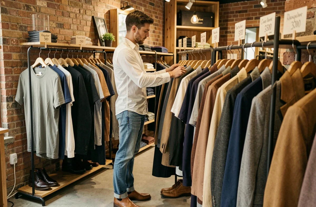 Client inspectant des vêtements dans la boutique Regular à Saint-Denis, dans un espace au concept minimaliste avec des murs en brique apparente