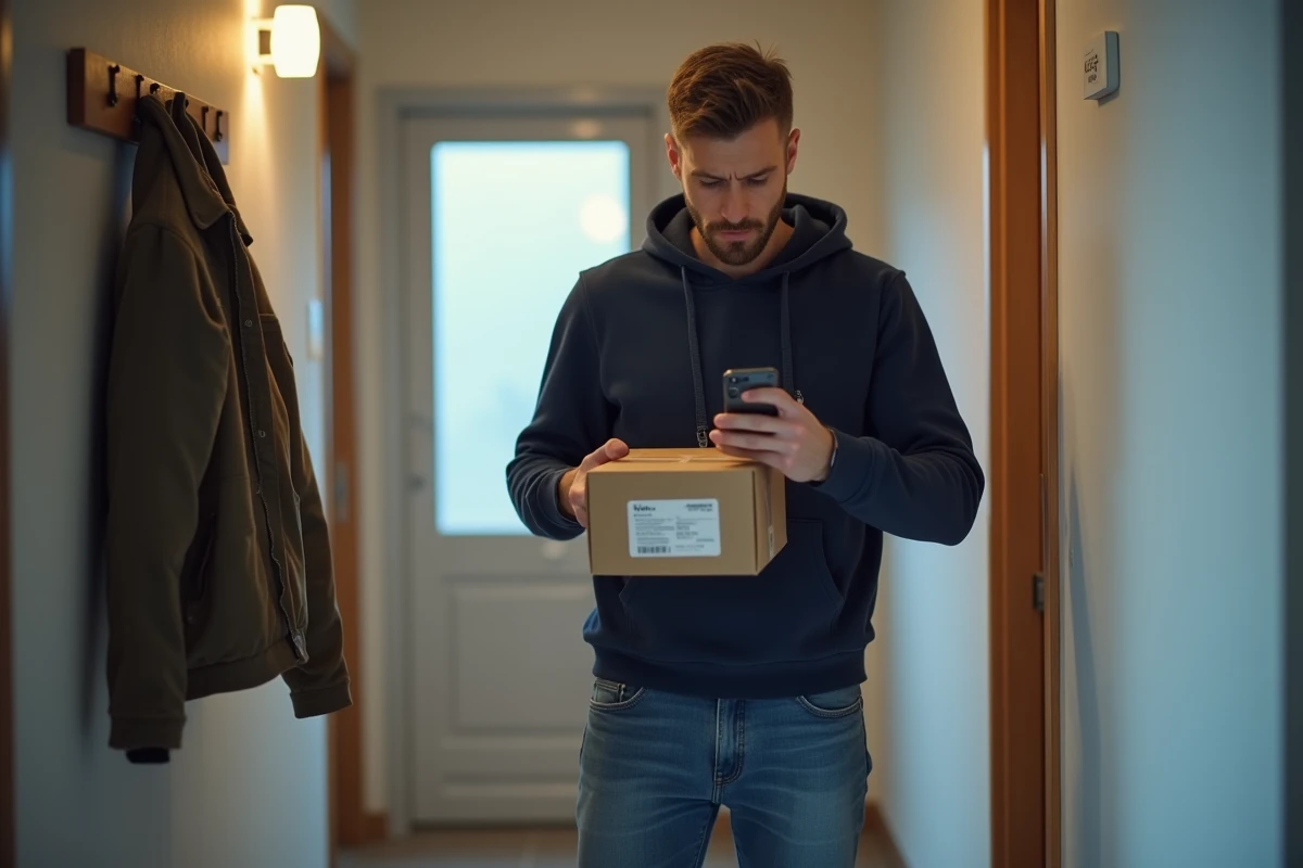 Homme tenant un colis non récupéré par le vendeur Vinted dans l'entrée de son appartement