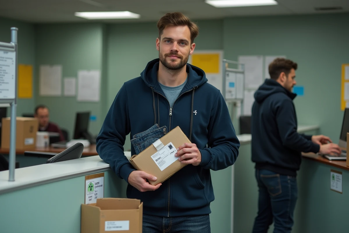 Homme effectuant un retour de vêtement dans un bureau de poste, illustrant la procédure de retour et le service client d'un site de mode en ligne