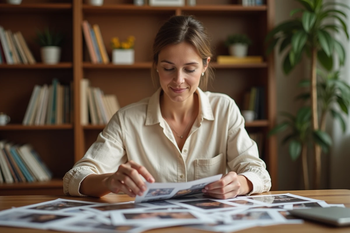 Femme retrouvant des photos perdues étalées sur une table en bois dans un bureau cosy