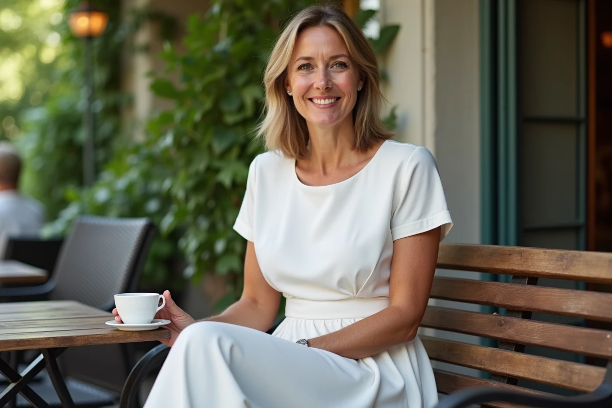 Femme élégante en robe blanche évasée structurée assise dans un café jardin, coupe intemporelle qui met en valeur la silhouette