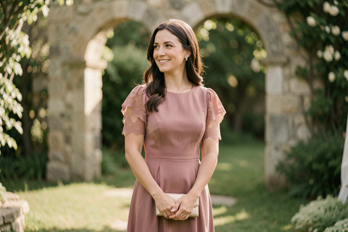 Femme élégante en robe courte rose poudré avec dentelle lors d'un mariage en extérieur dans un jardin avec arches en pierre