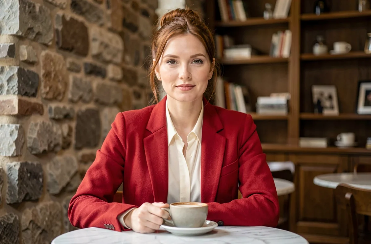 Femme à la peau claire portant un blazer rouge cerise avec un chemisier ivoire dans un café élégant