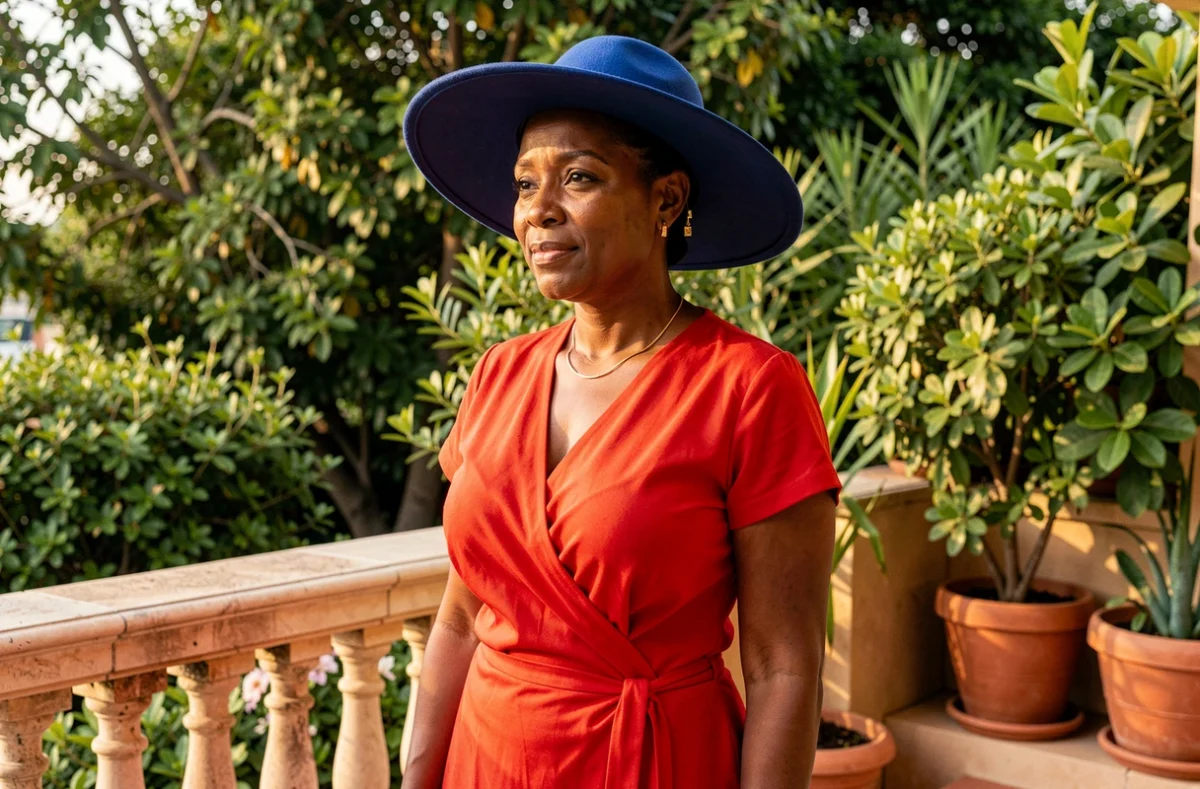 Femme à la peau ébène portant une robe rouge tomate avec un chapeau bleu cobalt sur une terrasse verdoyante