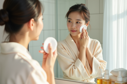 Jeune femme coreenne appliquant tonique visage dans salle lumineuse