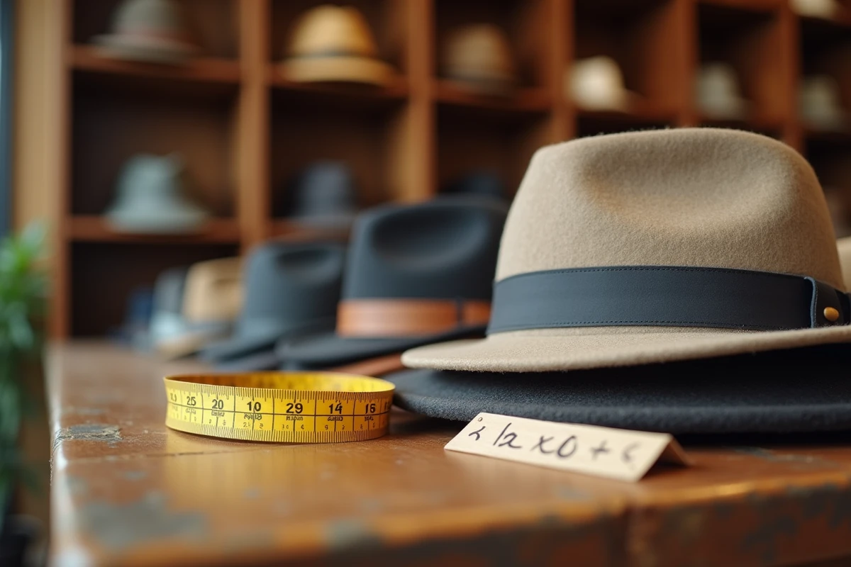 Ruban à mesurer et chapeaux dans une boutique avec tableau de conversion des tailles