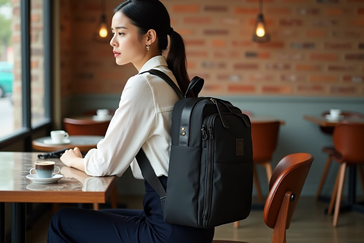 Femme transformant son sac à dos en besace dans un café, démontrant la polyvalence d'un sac convertible femme