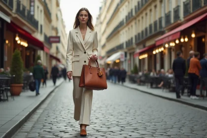 Femme élégante portant un sac à main en cuir cognac à poignée structurée, marchant sur un boulevard parisien en tenue professionnelle chic pour une allure du matin moderne et tendance 2026