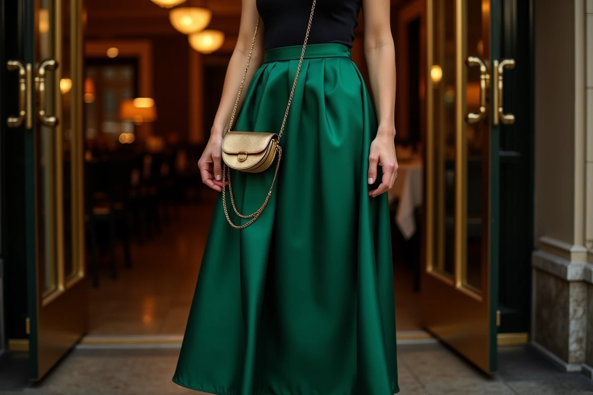 Femme élégante en jupe satin émeraude tenant un sac minaudière doré en forme de croissant devant l'entrée d'un restaurant haut de gamme, parfait exemple d'un look soirée avec sac à main tendance 2026