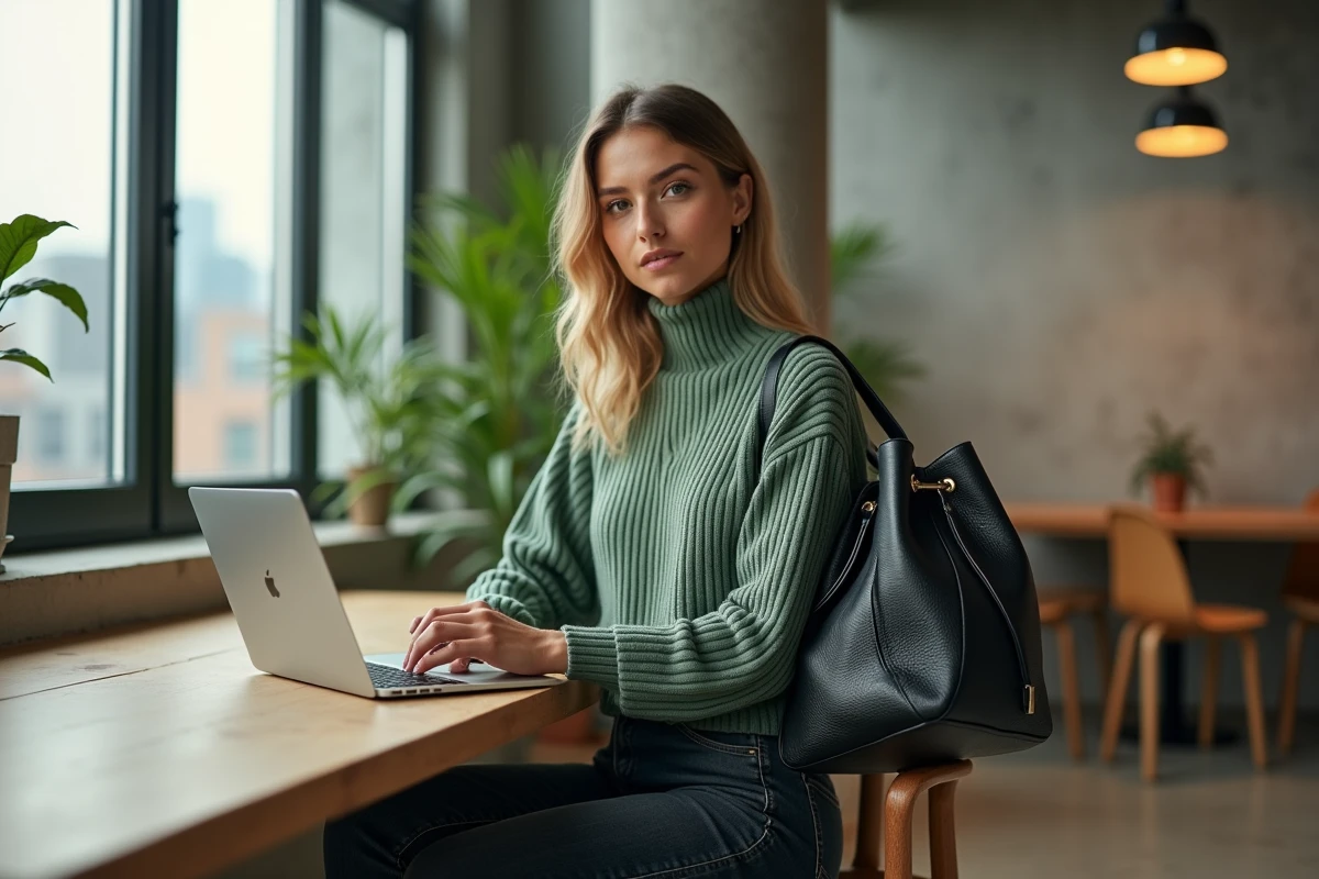 Jeune femme en télétravail dans un espace de coworking moderne avec un sac seau en cuir noir posé sur le bureau, illustrant l'intégration du sac à main tendance 2026 dans un look de journée décontracté