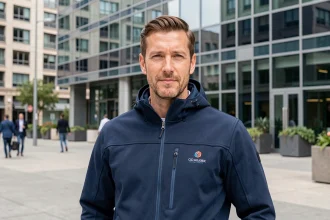 Professionnel portant une softshell personnalisée avec logo d'entreprise devant un bâtiment de bureaux moderne