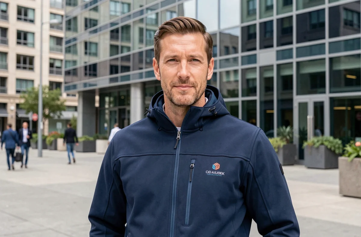 Professionnel portant une softshell personnalisée avec logo d'entreprise devant un bâtiment de bureaux moderne
