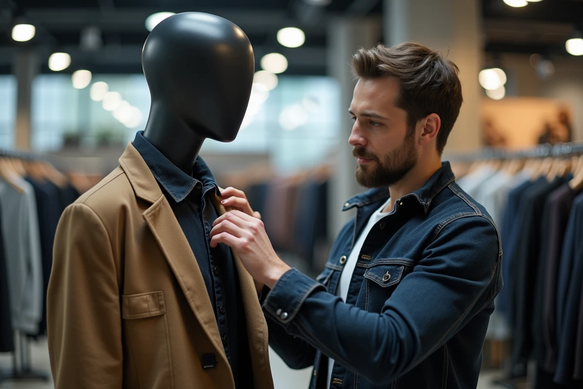 Styliste homme ajustant une veste sur mannequin en boutique