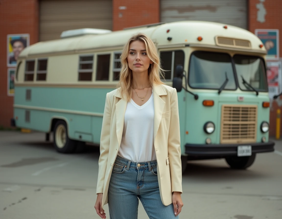 Femme blonde élégante en blazer crème devant un bus de tournée vintage et des affiches de concert sur un mur de briques urbain