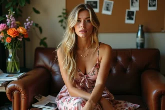 Jeune femme blonde aux cheveux ondulés dans une loge intimiste entourée de magazines et de polaroids, ambiance coulisses éditoriale