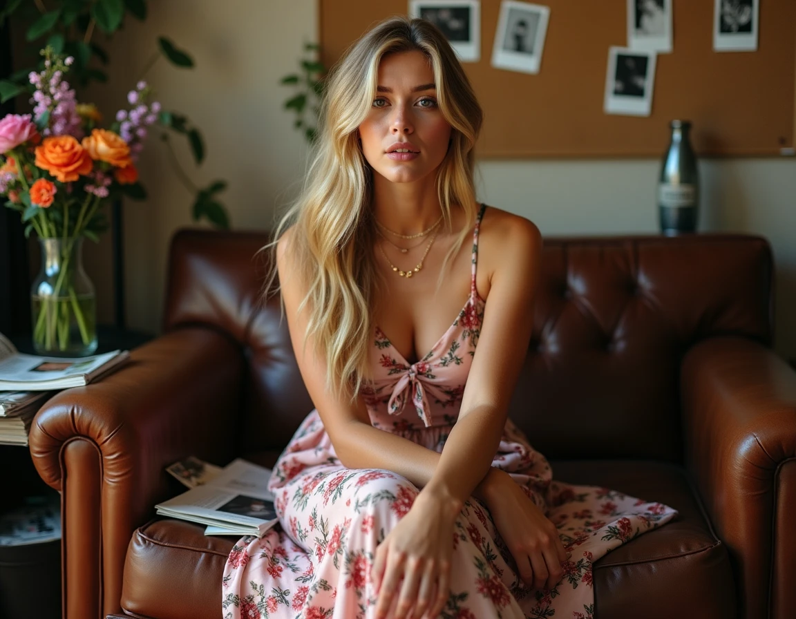 Jeune femme blonde aux cheveux ondulés dans une loge intimiste entourée de magazines et de polaroids, ambiance coulisses éditoriale