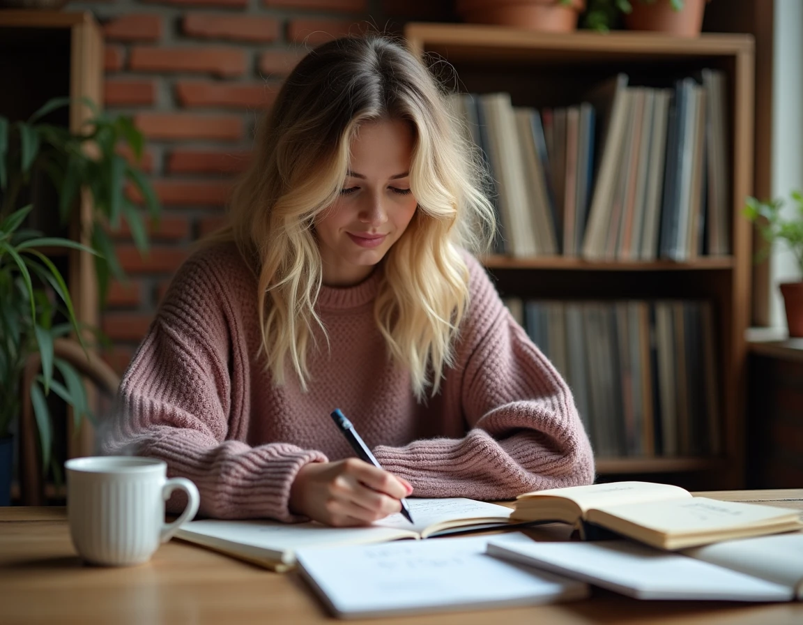 Jeune femme blonde en pull mauve lisant du courrier de fans à un bureau en bois dans un studio créatif avec vinyles et murs en briques