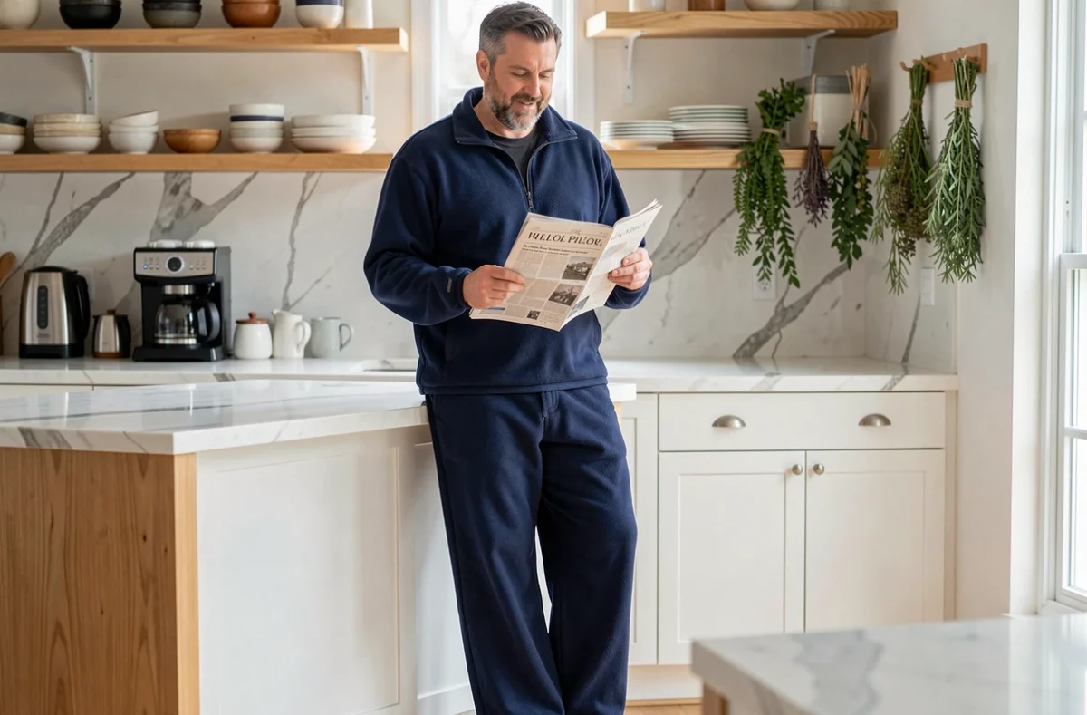 Homme en tenue pilou pilou adulte bleu marine deux pièces dans une cuisine moderne au style chaleureux