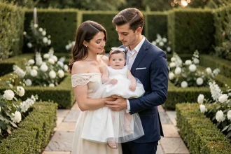 Famille coordonnée pour un baptême, bébé en robe blanche et parents en tenues assorties ivoire et bleu marine dans un jardin fleuri