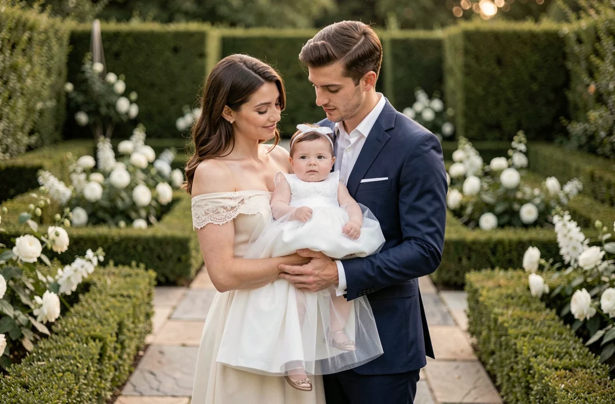 Famille coordonnée pour un baptême, bébé en robe blanche et parents en tenues assorties ivoire et bleu marine dans un jardin fleuri